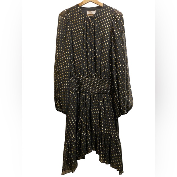 A.L.C. Sidney Silk Metallic Dot Long Balloon Sleeve Split Neck Mini Dress - Picture 2 of 6